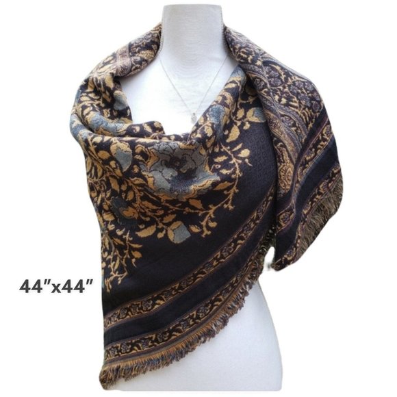 Frye Accessories - Frye Floral Wrap Scarf Blanket Fringe Huge Tapestry Spring Tan Brown Jacquard